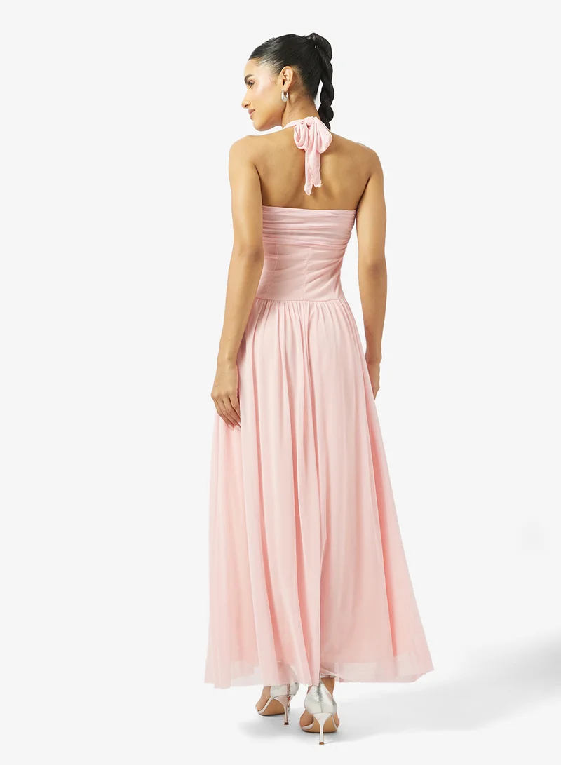 جينجر Halter Neck Lace Corset Bodice Drop Waist Dress